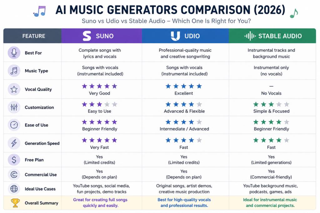 Comparison table of the best AI music generators in 2026, featuring Suno, Udio, and Stable Audio. The infographic compares their best use cases, music types, vocal quality, customization, ease of use, generation speed, free plans, commercial use, and ideal applications for content creators and musicians.