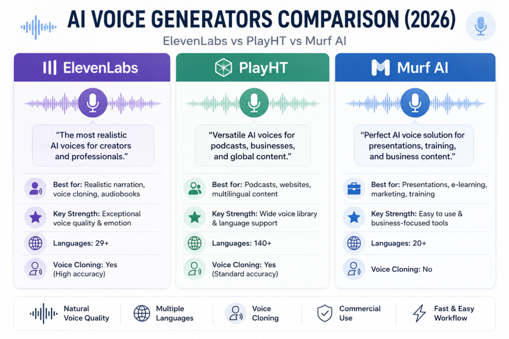 Comparison infographic of the best AI voice generators in 2026, featuring ElevenLabs, PlayHT, and Murf AI. The chart compares voice quality, voice cloning, language support, best use cases, and key strengths to help creators choose the right AI text-to-speech platform.