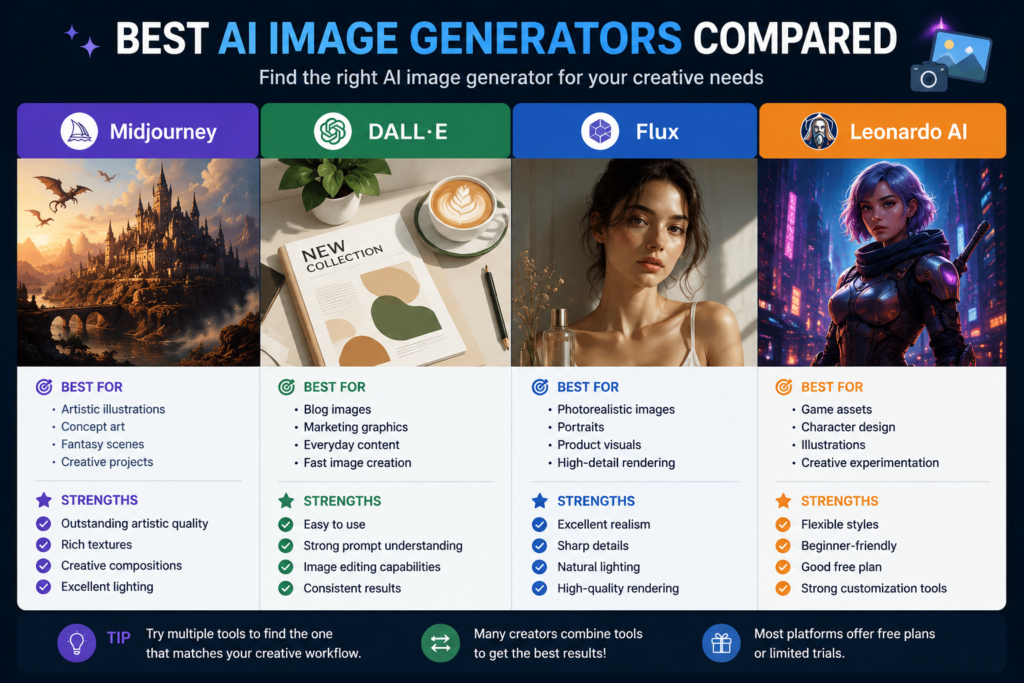 Comparison infographic of the best AI image generators in 2026, featuring Midjourney, DALL·E, Flux, and Leonardo AI with their best use cases, key strengths, and recommended applications for artists, bloggers, marketers, and content creators.