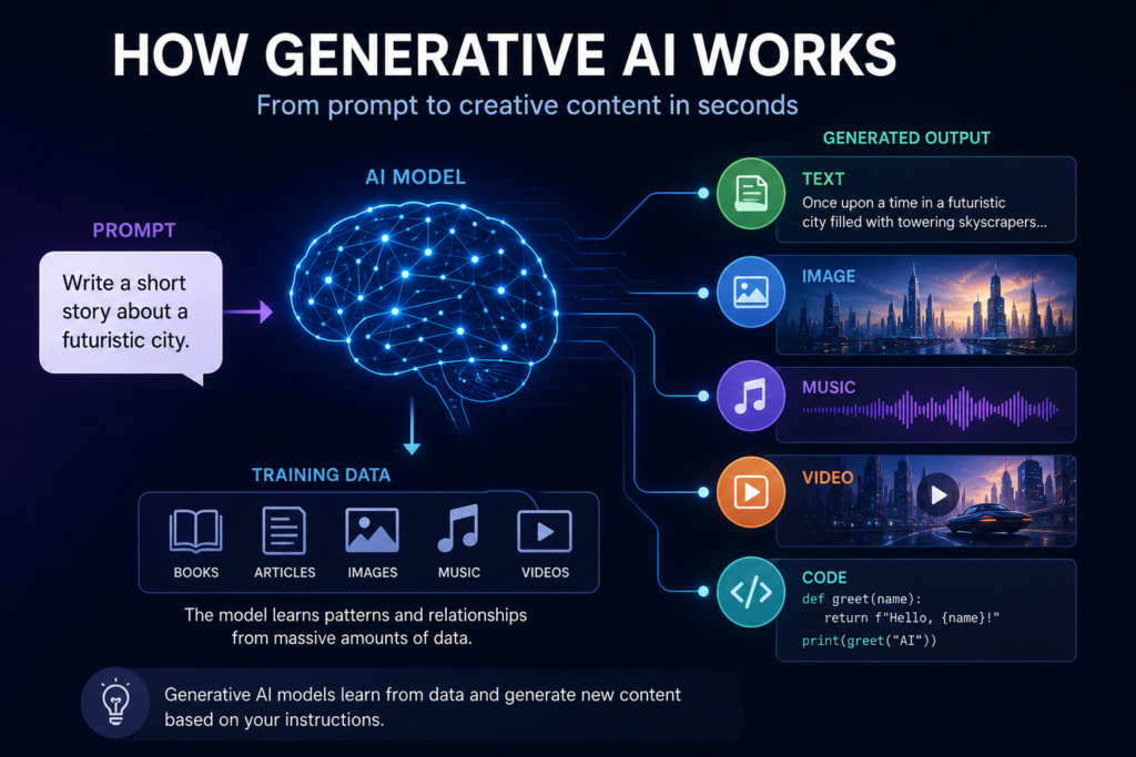 Infographic explaining how generative AI works, showing the process from user prompts and AI training data to generating text, images, music, videos, and computer code.