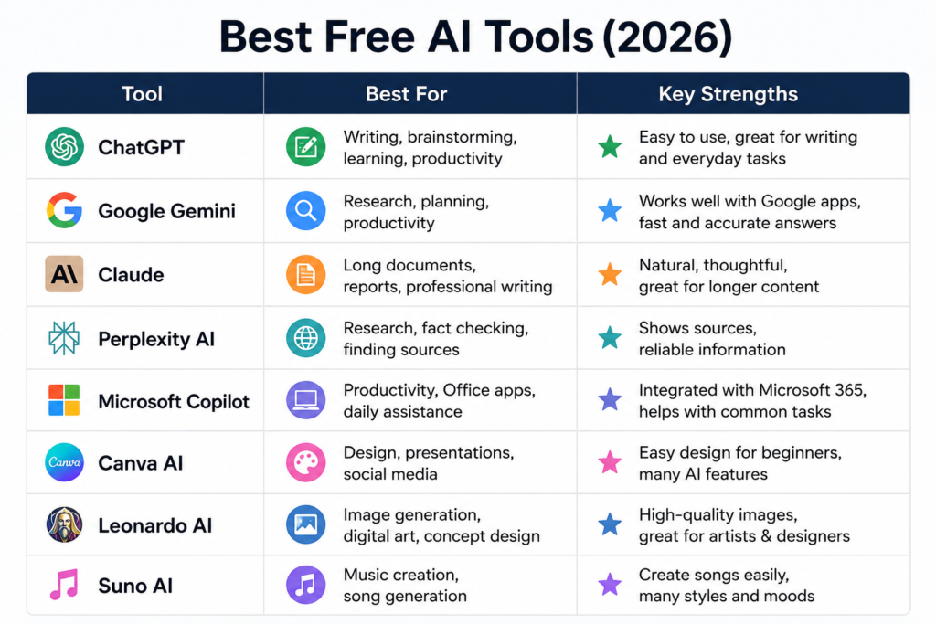 Comparison table of the best free AI tools in 2026, highlighting each tool's primary use and key strengths, including ChatGPT, Google Gemini, Claude, Perplexity AI, Microsoft Copilot, Canva AI, Leonardo AI, and Suno AI.