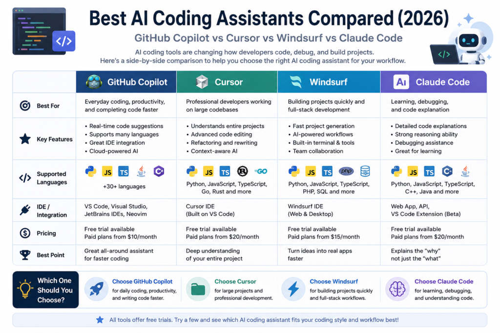Comparison infographic of the best AI coding assistants in 2026, featuring GitHub Copilot, Cursor, Windsurf, and Claude Code. The chart compares their best use cases, key features, supported programming languages, IDE integration, pricing, and strengths for developers.