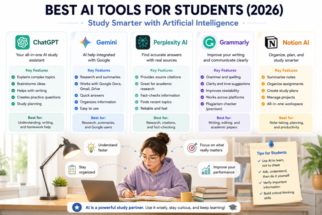 Infographic comparing the best AI tools for students in 2026, including ChatGPT, Google Gemini, Perplexity AI, Grammarly, and Notion AI. The chart highlights each tool's key features, recommended use cases, and how they help students improve studying, research, writing, and productivity.