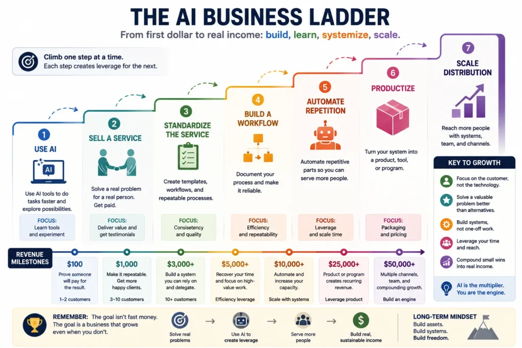 Seven-stage AI business framework progressing from using AI and selling a service to standardizing workflows, automating repetitive work, productizing, and scaling distribution.