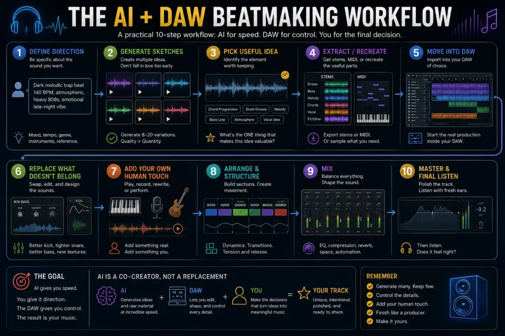 Ten-step hybrid beatmaking workflow using AI to generate musical sketches before extracting useful ideas and finishing arrangement, sound design, mixing, and mastering inside a DAW.