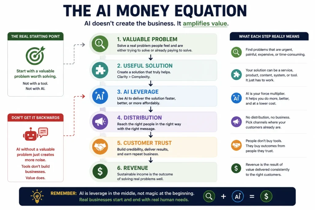 AI business framework showing how a valuable customer problem leads to a useful solution, AI leverage, distribution, customer trust, and ultimately sustainable revenue.