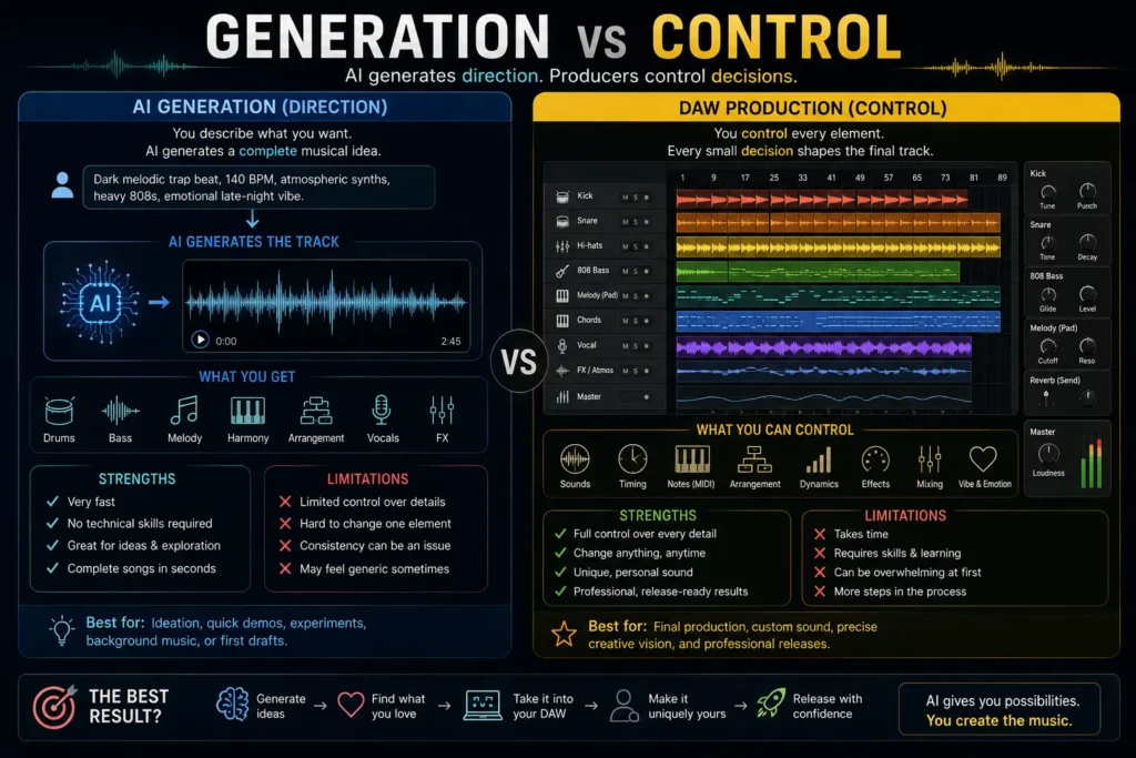 Comparison showing how generative AI quickly creates complete musical ideas while a DAW gives producers detailed control over drums, bass, MIDI, arrangement, effects, mixing, and dynamics.