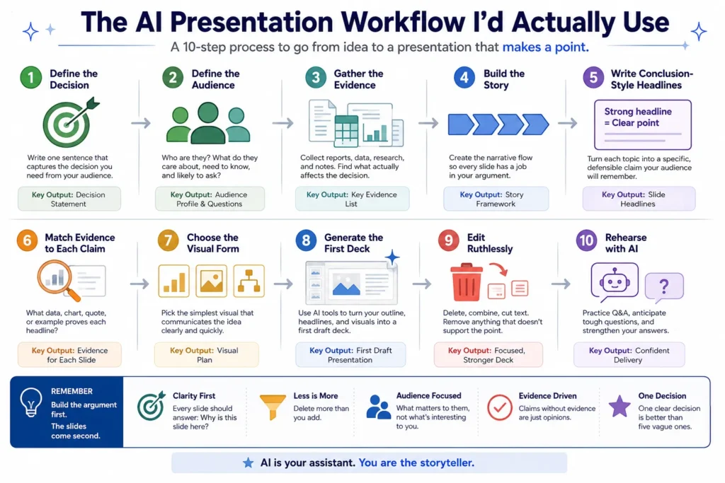 Ten-step AI presentation workflow covering the decision, audience, evidence, story, slide headlines, visuals, AI-generated first draft, editing, deletion, and rehearsal.
