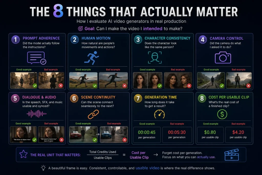 Eight-factor framework for comparing AI video generators based on prompt adherence, human motion, character consistency, camera control, audio, continuity, generation time, and cost per usable clip.