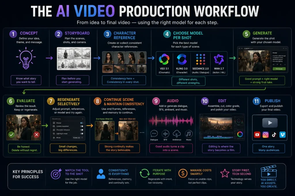 Complete AI filmmaking workflow from concept and storyboard through character references, model selection, generation, evaluation, continuity, audio, editing, and publishing.