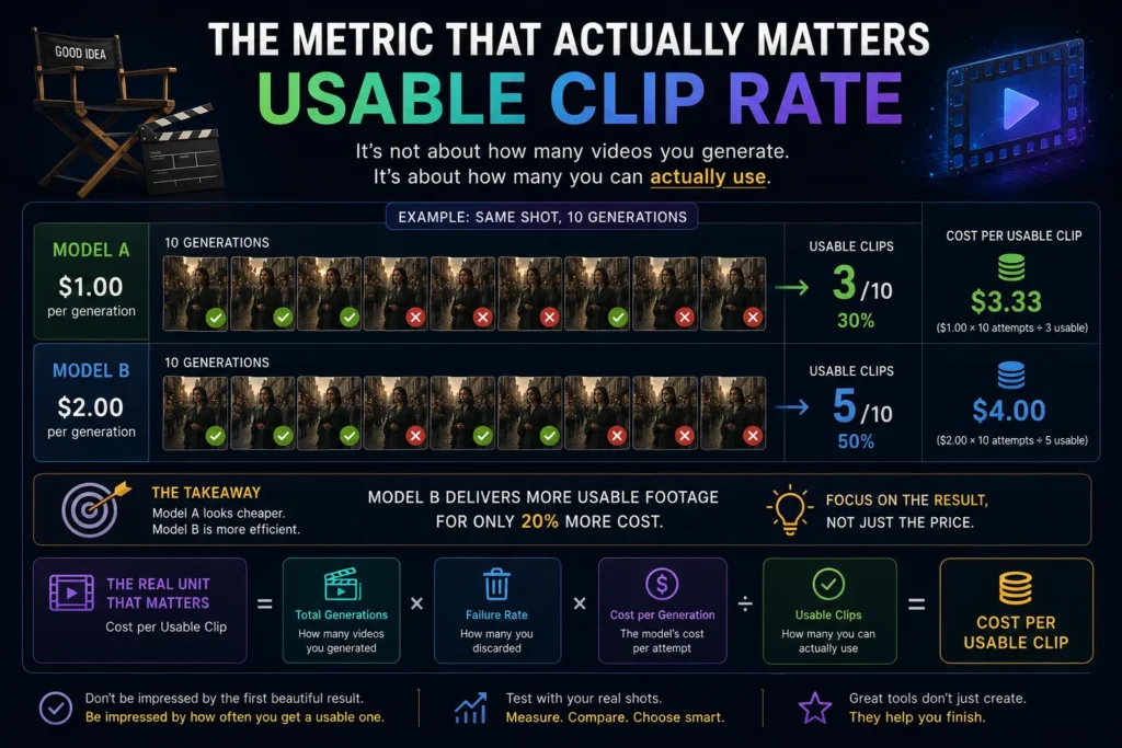 Infographic explaining usable clip rate and cost per usable AI video clip by comparing generation attempts, failed outputs, usable footage, and total production cost.