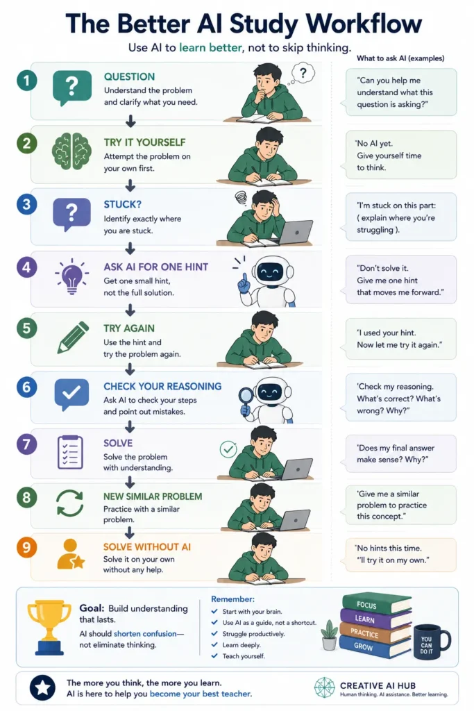 Nine-step AI study workflow showing students how to attempt a problem independently, ask AI for one hint, check their reasoning, practice again, and finally solve without AI.