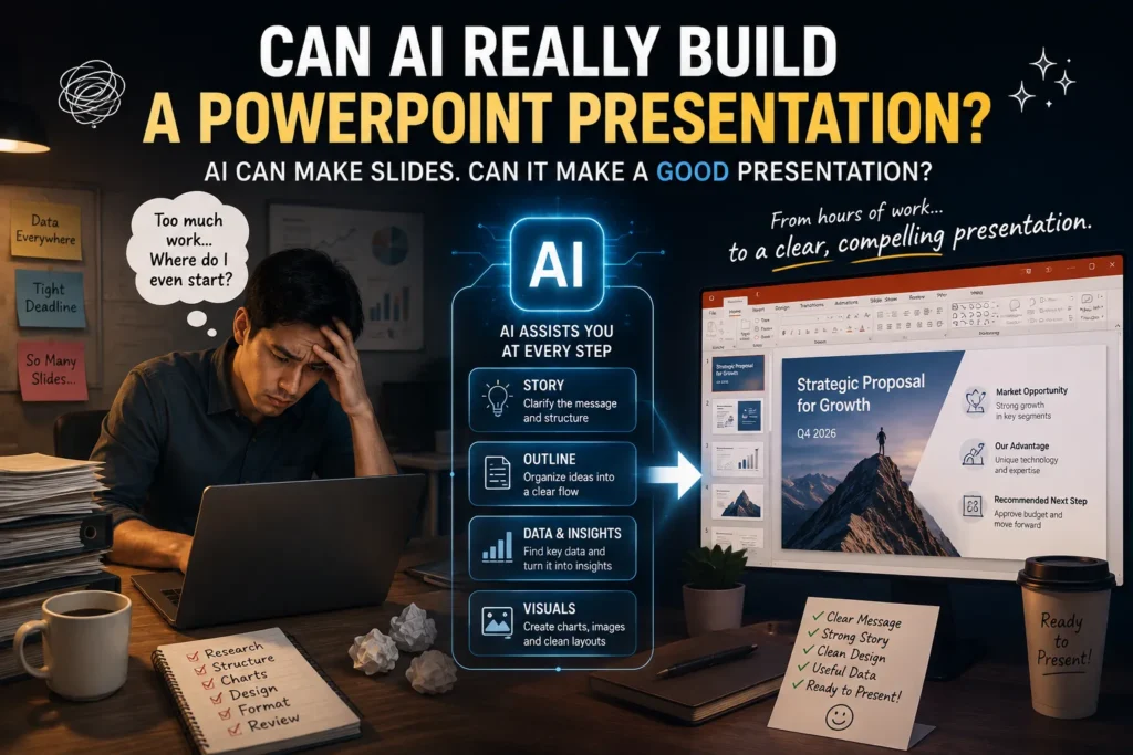 Professional using AI to turn research, data, presentation structure, and visual ideas into an editable PowerPoint presentation while keeping control of the final story.