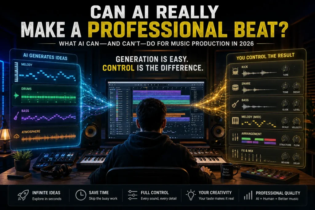 Music producer using AI to generate melodies, drums, bass, and musical ideas before controlling individual sounds, arrangement, effects, and mixing inside a DAW.