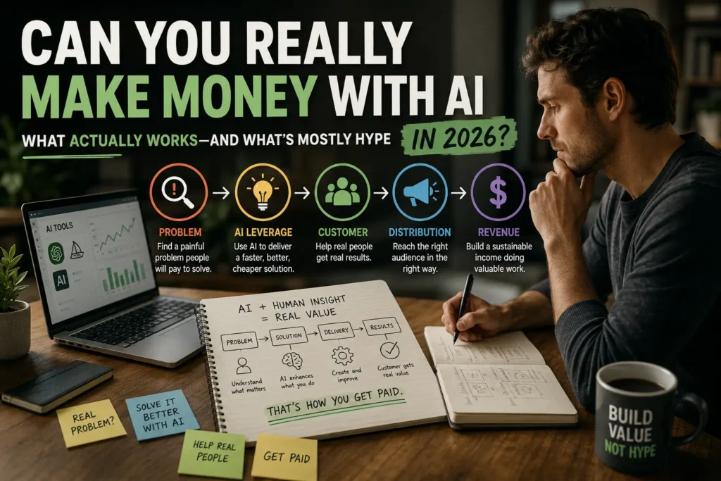 Entrepreneur evaluating how a real customer problem, AI leverage, distribution, and customer value can turn into sustainable revenue instead of relying on AI side-hustle hype.