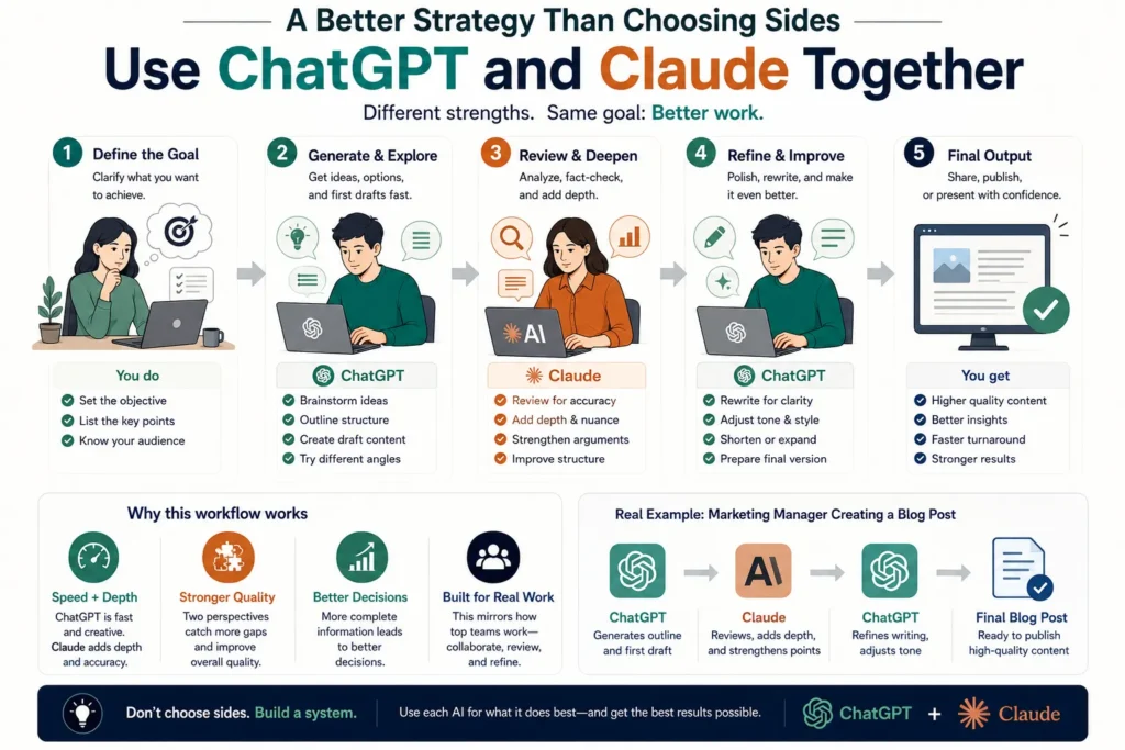 Workflow diagram showing how ChatGPT generates ideas, Claude reviews and deepens them, and ChatGPT refines the final output for better results.