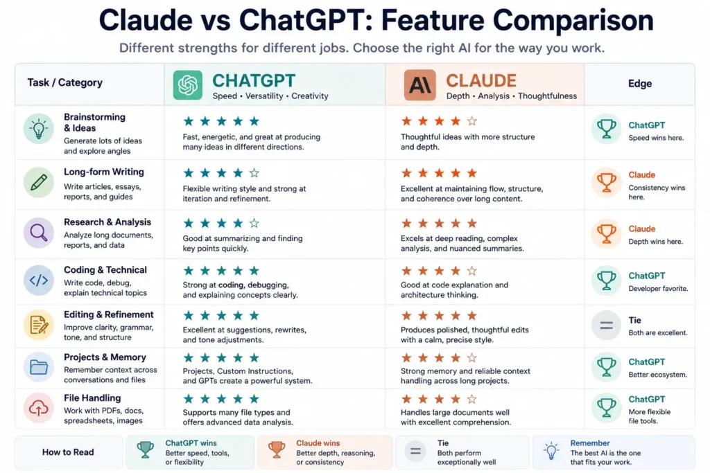 Comparison table evaluating Claude and ChatGPT across brainstorming, writing, research, coding, editing, projects, and file handling for real-world work.