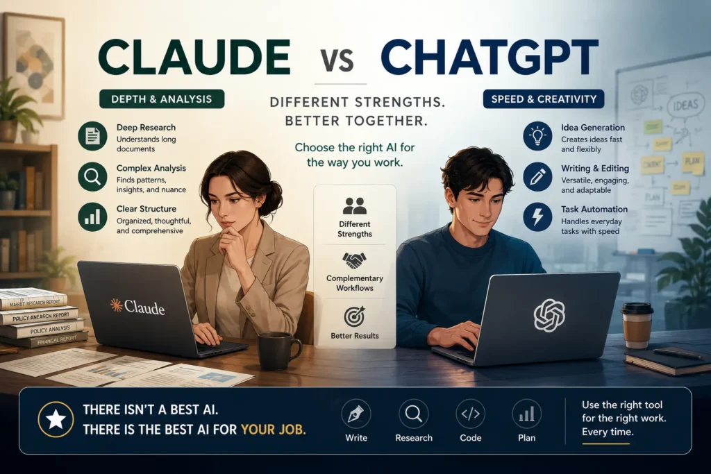 Professional comparison between Claude and ChatGPT showing their different strengths for writing, research, coding, and productivity instead of treating them as competitors.
