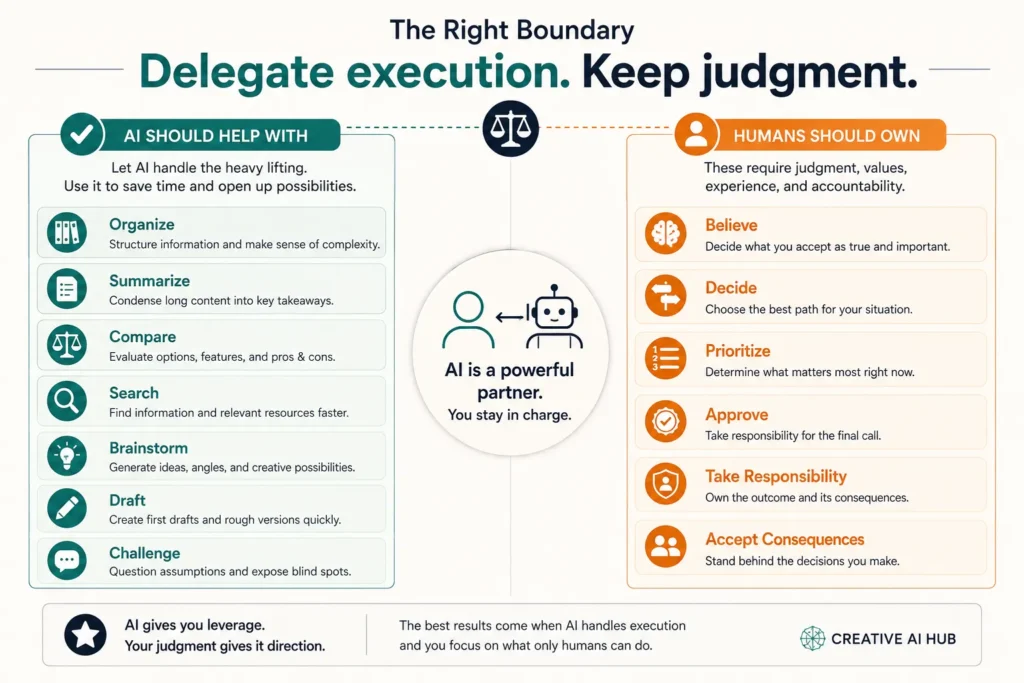 Infographic showing which tasks AI should assist with, including research, summarizing, organizing, and drafting, versus decisions, priorities, approval, and responsibility that humans should retain.