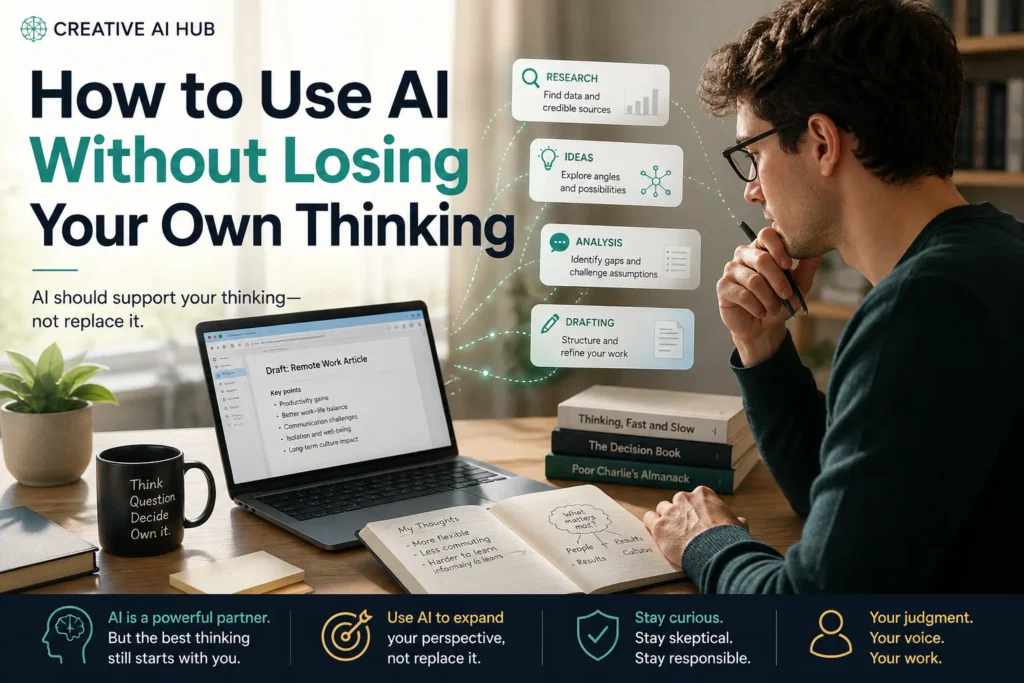 A professional using AI for research, ideas, analysis, and drafting while keeping human judgment and independent thinking at the center of the work.