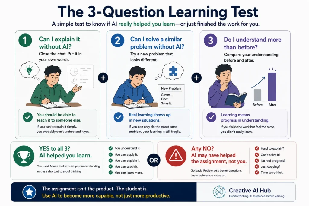 Three-question test asking whether a student can explain a concept, solve a similar problem without AI, and demonstrate greater understanding after using an AI study tool.