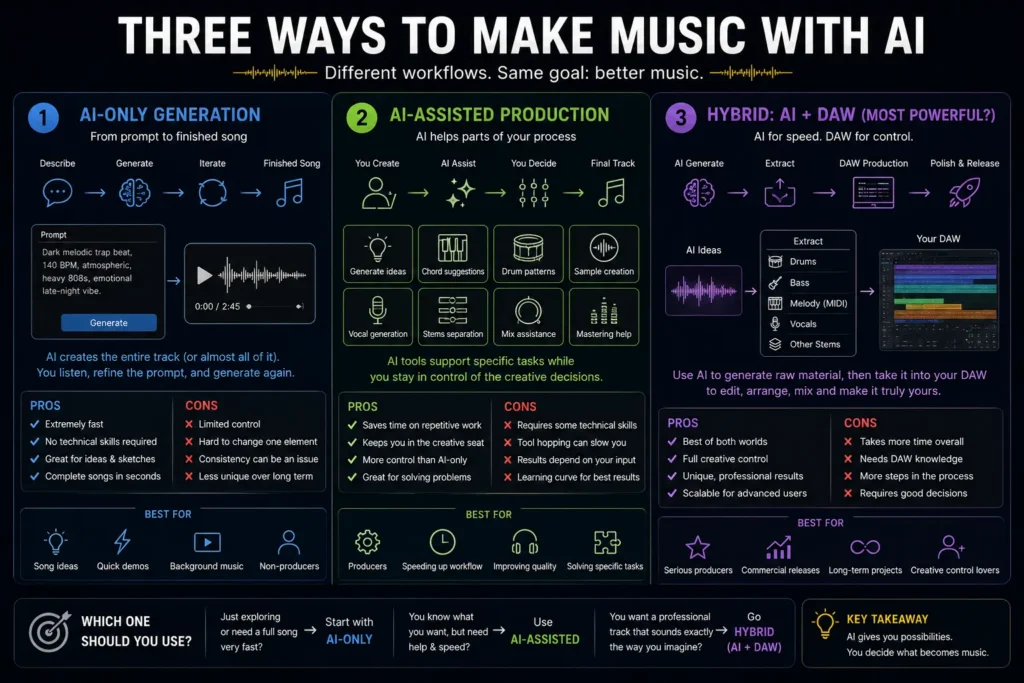 Comparison of AI-only music generation, AI-assisted production, and hybrid AI plus DAW workflows, including their advantages, limitations, and best use cases.