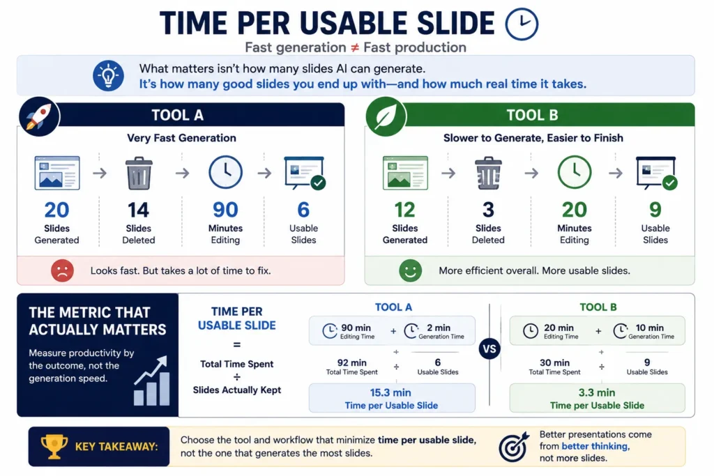 Comparison showing why an AI presentation tool that generates fewer but more usable slides can save more total production time than a faster generator requiring extensive editing.