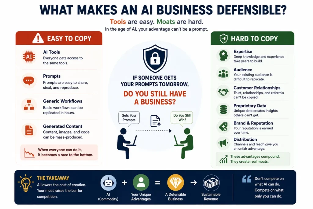 Comparison between easy-to-copy AI advantages such as tools, prompts, generic workflows, and generated content and durable business advantages including expertise, audience, customer relationships, proprietary data, brand, and distribution.