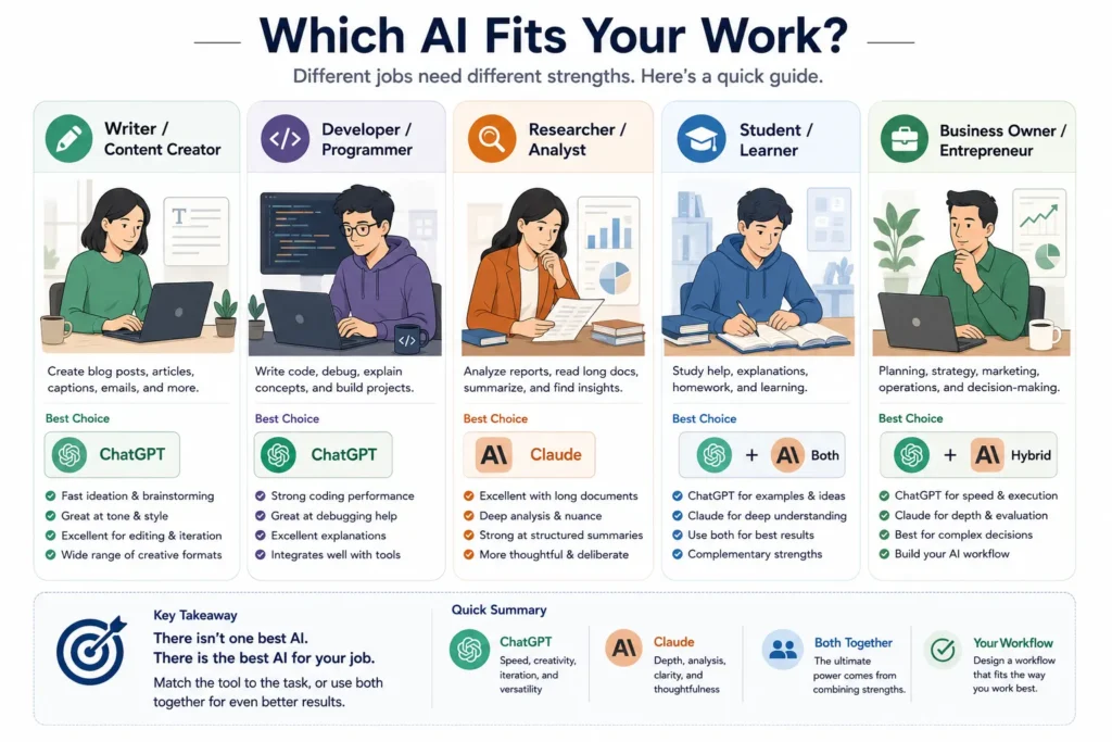 Guide recommending the best AI assistant for writers, developers, researchers, students, and business owners based on daily work rather than benchmarks.