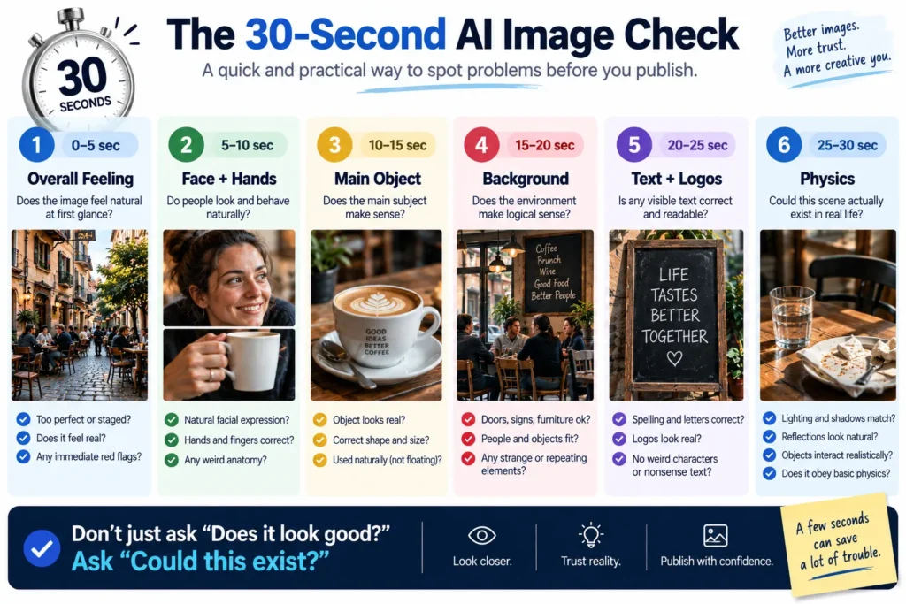 Infographic explaining that a photorealistic AI image can still contain incorrect locations, historical details, products, food, or other factual information and should be verified before informational use.