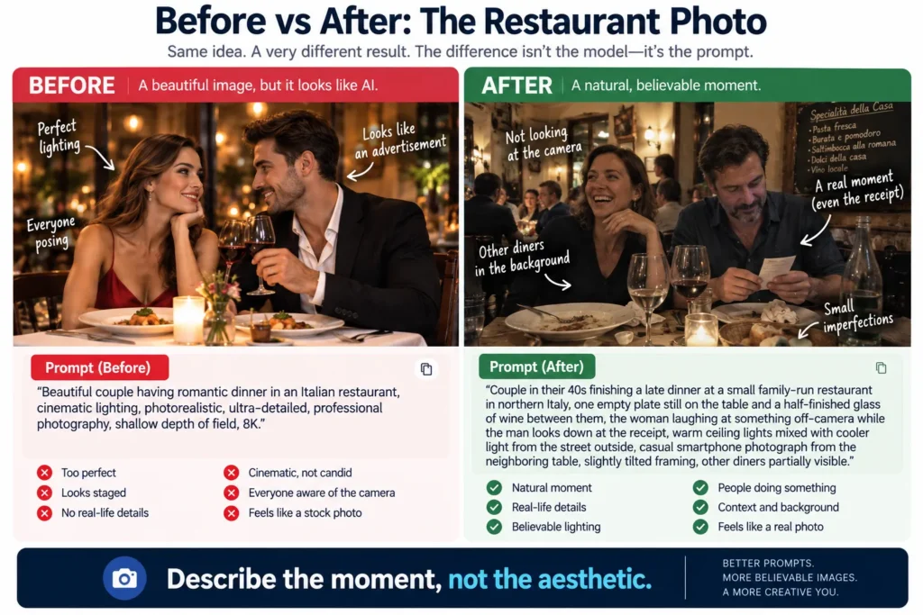 Before-and-after AI image prompt comparison showing how replacing generic cinematic adjectives with specific actions, realistic lighting, background activity, camera position, and imperfections creates a more believable restaurant scene.