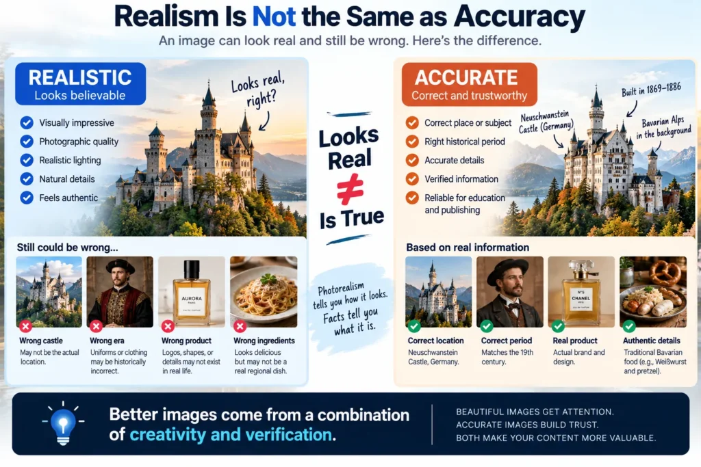 Thirty-second checklist for reviewing AI-generated images by checking overall realism, faces and hands, main objects, backgrounds, text and logos, lighting, reflections, and physical consistency.