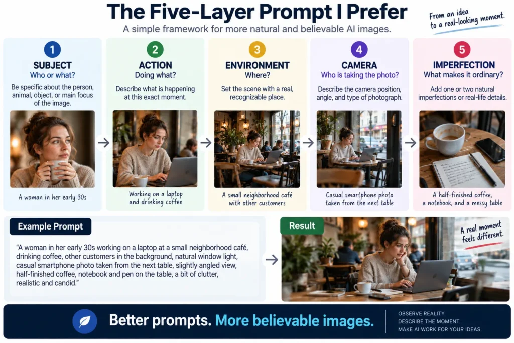 Five-layer AI image prompting framework using subject, action, environment, camera position, and natural imperfections to create more realistic and believable generated images.
