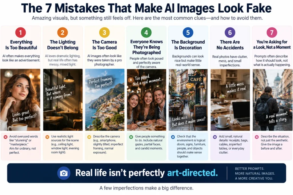Seven common reasons AI-generated images look fake, including excessive beauty, unrealistic lighting, perfect camera composition, posed people, illogical backgrounds, missing imperfections, and prompts focused on aesthetics instead of moments.