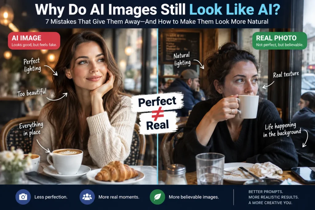 Side-by-side comparison showing an overly polished AI-generated café portrait and a more natural candid-looking image with realistic lighting, skin texture, background activity, and imperfections.