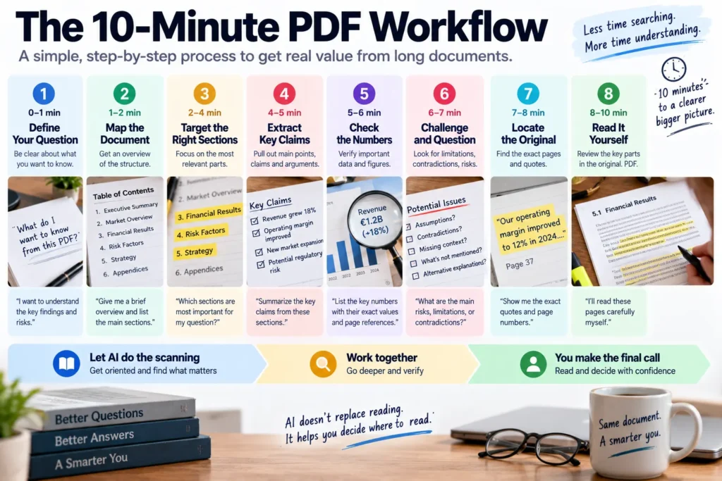 Ten-minute AI PDF analysis workflow covering question definition, document mapping, evidence targeting, claim and number extraction, contradiction checking, source location, and human verification.