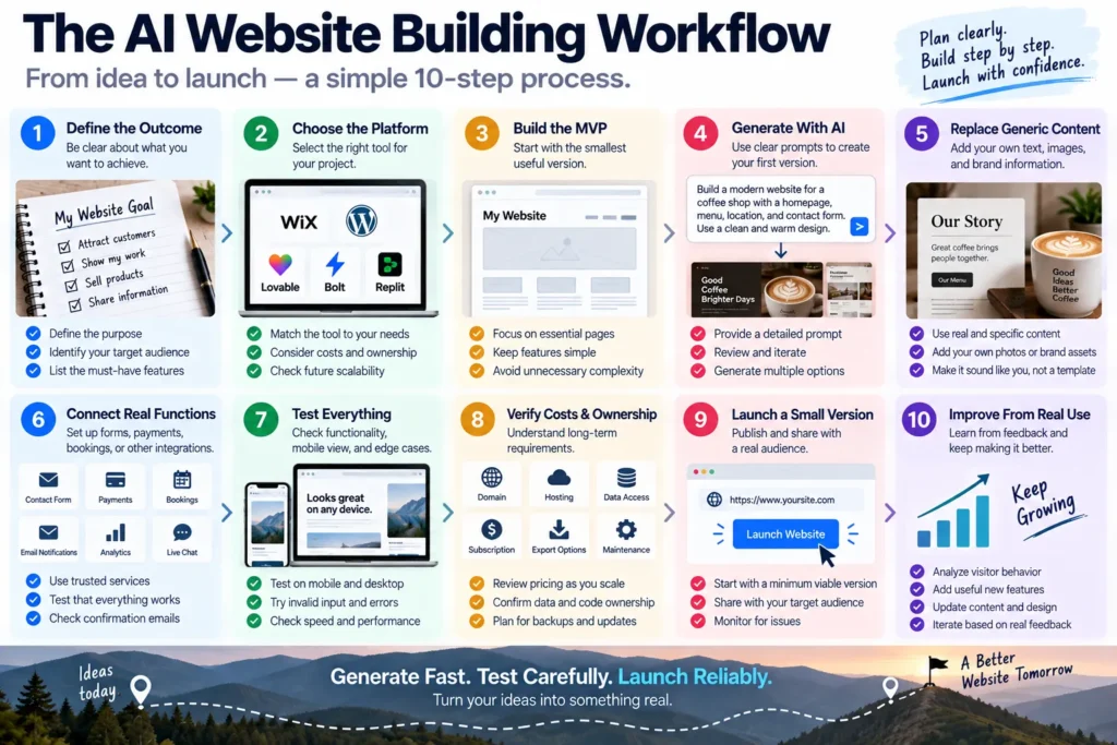 Ten-step AI website development workflow from defining goals and selecting a platform through generating, testing, launching, and improving the site.