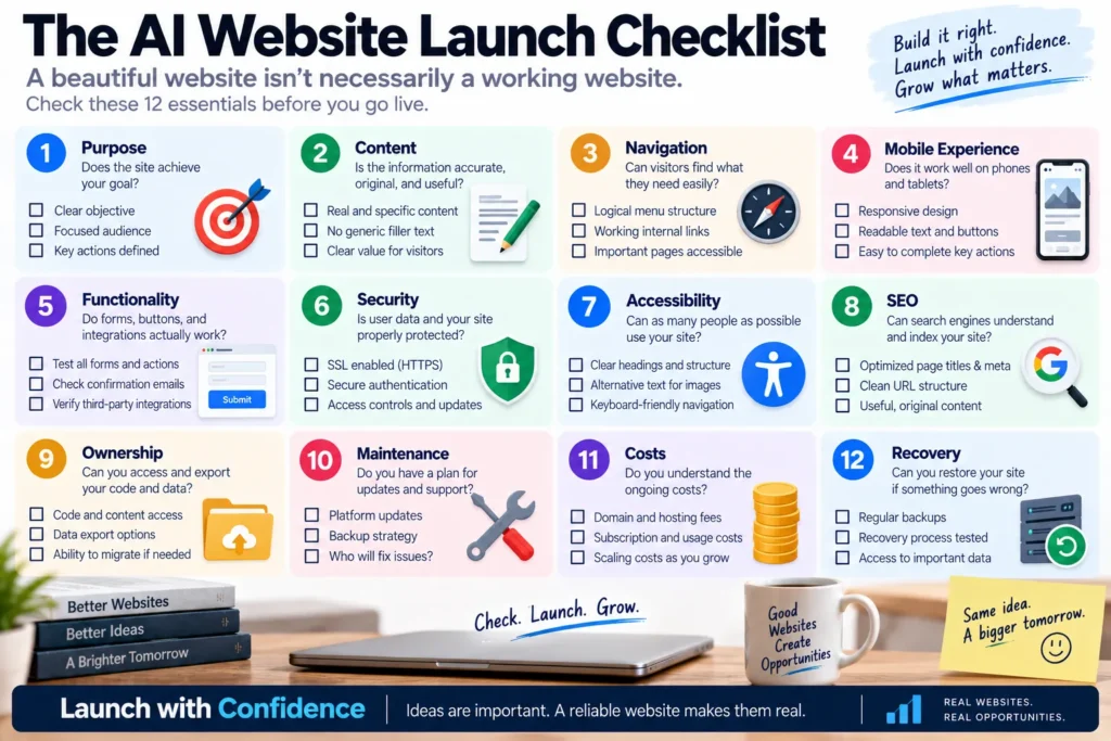 Twelve-point AI website launch checklist covering content, navigation, mobile usability, functionality, security, accessibility, SEO, ownership, maintenance, costs, and recovery.