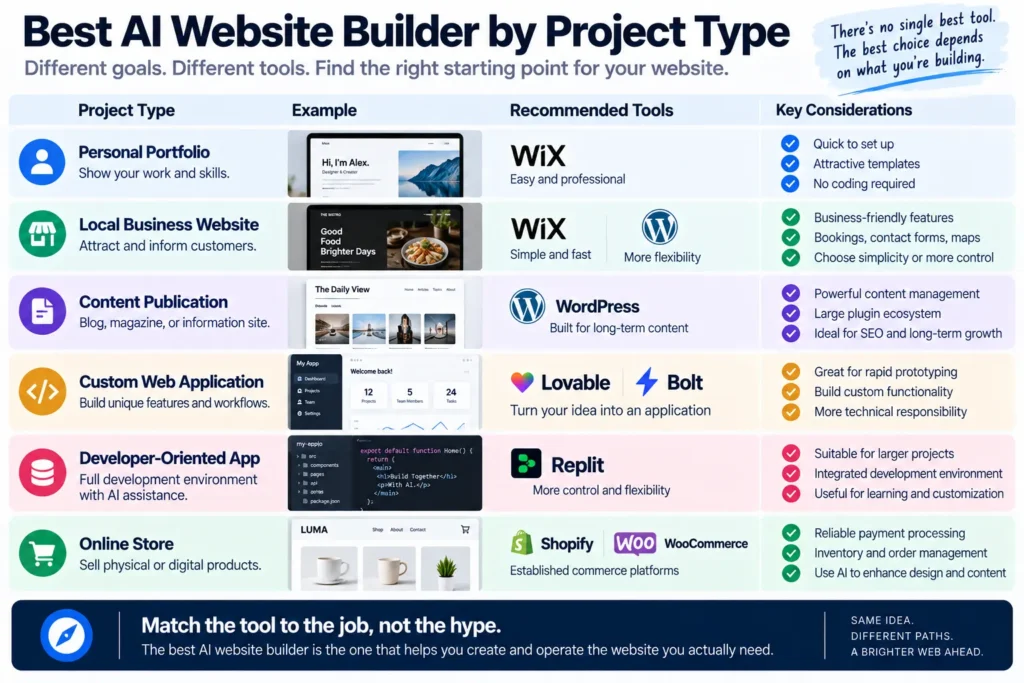AI website builder decision matrix comparing Wix, WordPress, Lovable, Bolt, Replit, Shopify, and WooCommerce for different website projects.