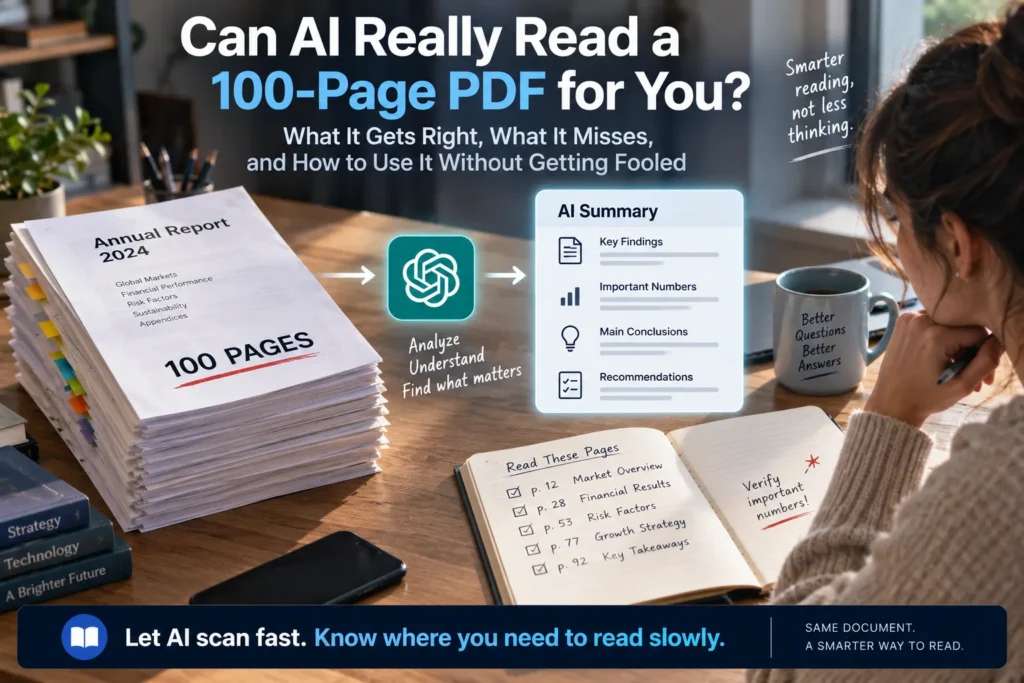 AI analyzing a 100-page PDF report to identify key findings, important numbers, conclusions, and the specific pages a human should verify.