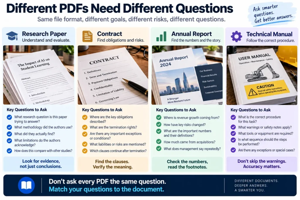 Comparison showing different AI analysis strategies for research papers, contracts, annual reports, and technical manuals based on the purpose and risks of each document.
