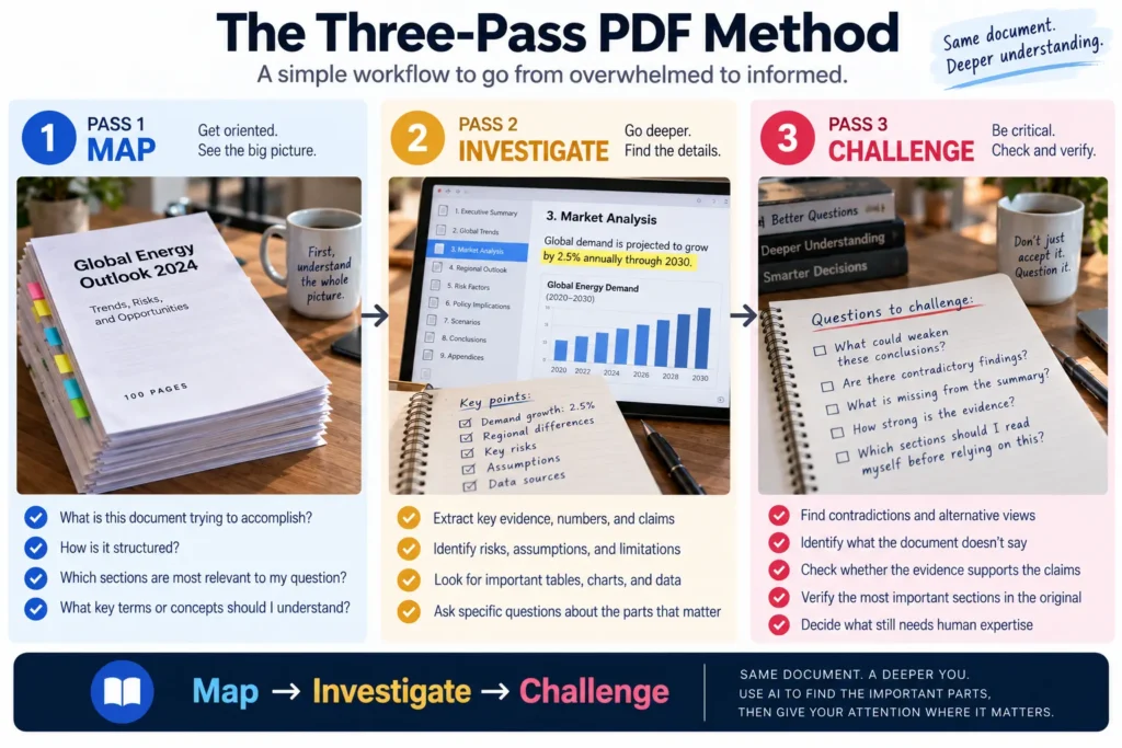 Three-step AI PDF analysis method using Map, Investigate, and Challenge passes to understand document structure, extract evidence, and verify important conclusions.