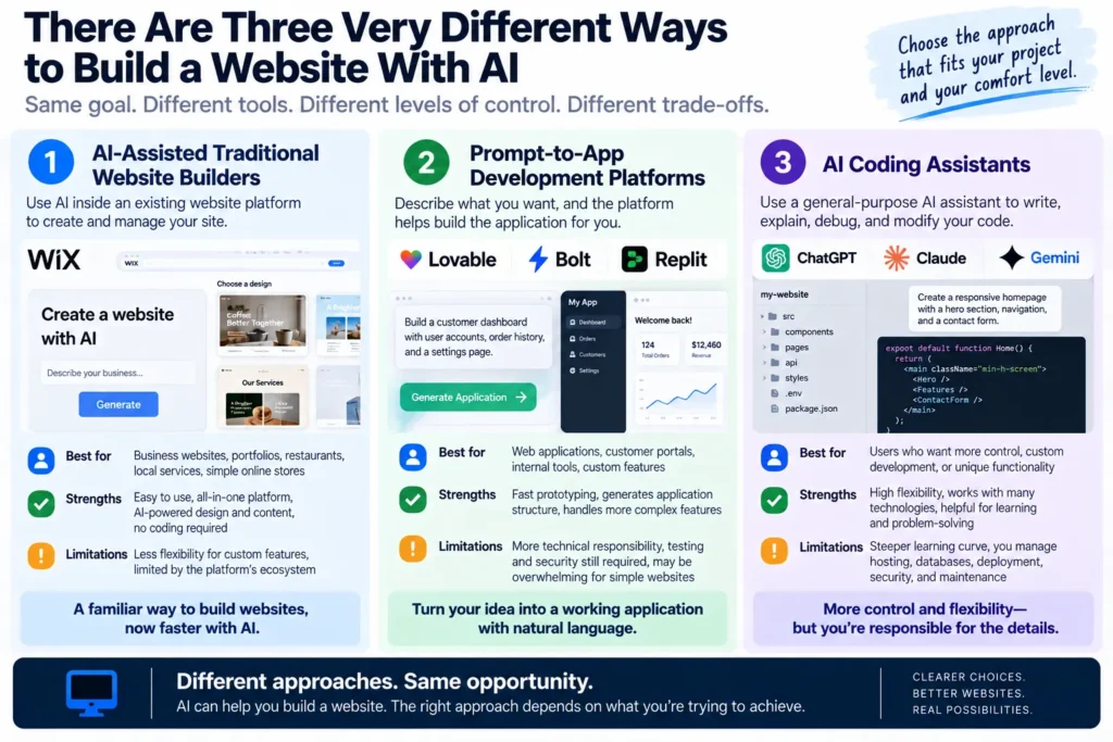 Comparison of traditional AI website builders, prompt-to-app platforms, and AI coding assistants, including strengths, limitations, and use cases.